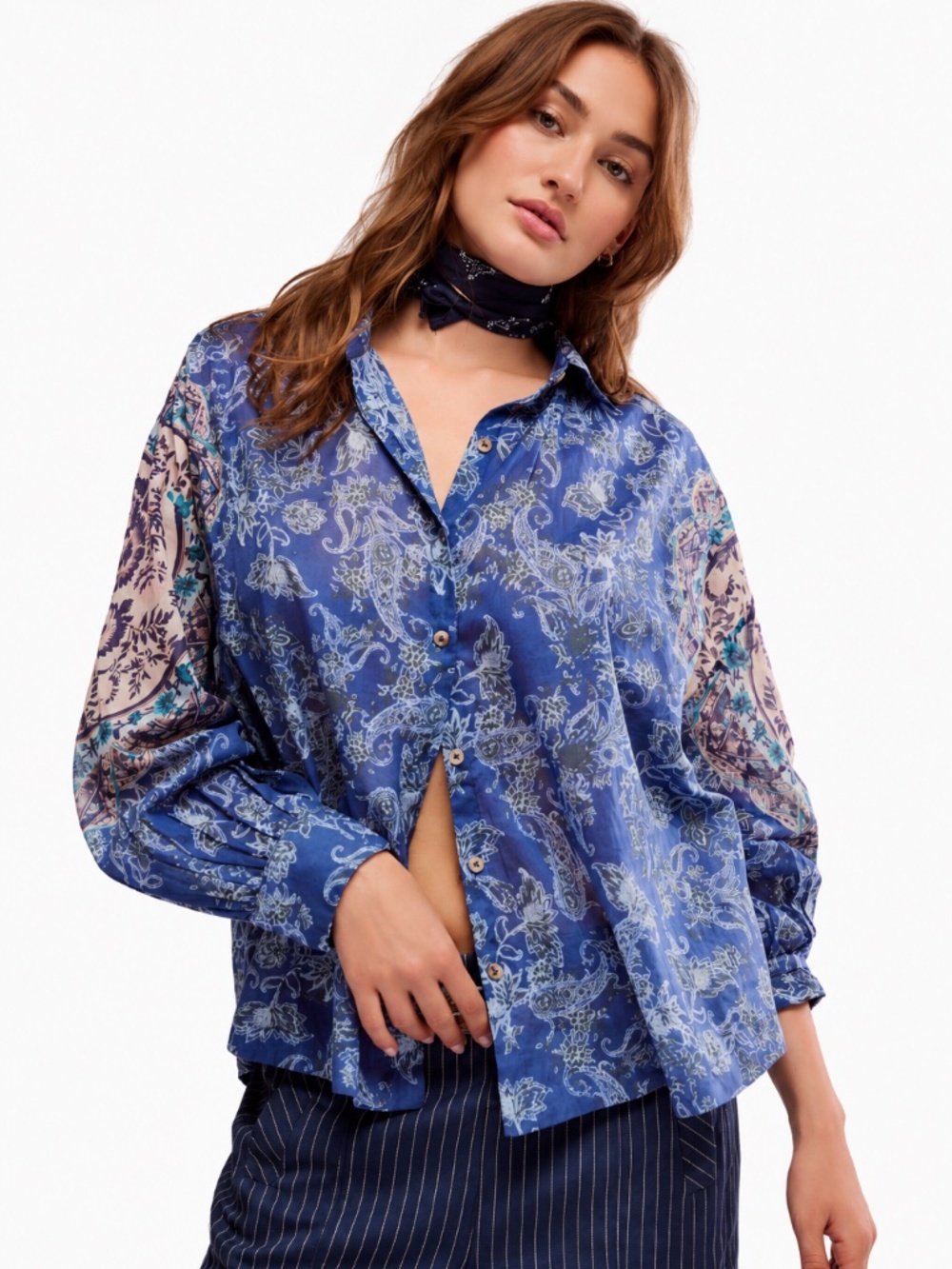 NWT Free People Rosebud Paisley Print Cotton Button Up Shirt Blue Sz M